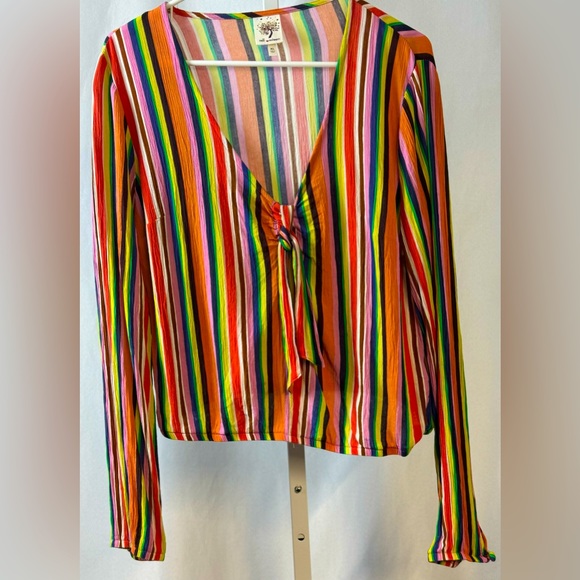 Self Esteem Multicolor Striped Cropped Boho Peasant V-neck Tie Front Top size XL - Picture 1 of 10